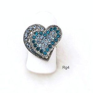 BLUE Crystal Bold Ring “2 Hearts As 1” Adjustable